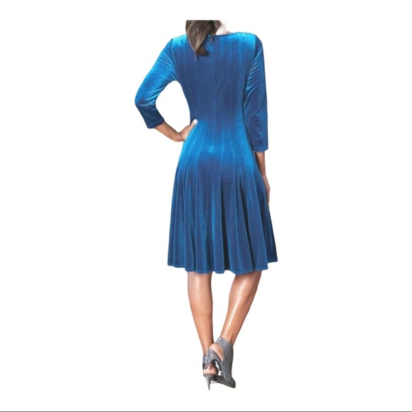 Midnight Velvet Teal Blue Stretchy Night Out Knee Length Office Party Dress - Picture 3 of 12